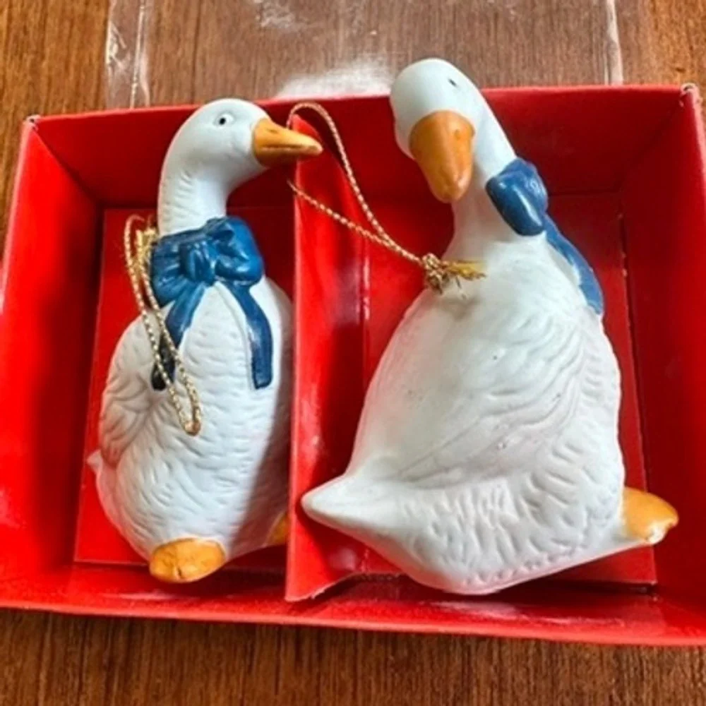 Unbranded Porcelain Goose Ornaments Set of 2 White Blue Bow Vintage Christmas